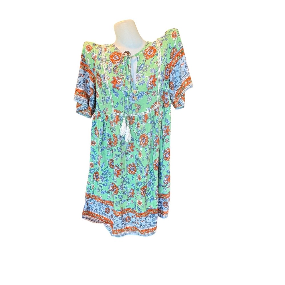 Boho‎ Chic Indie Floral Tassel Mini Dress Green Blue Viscose Medium Love Kuza